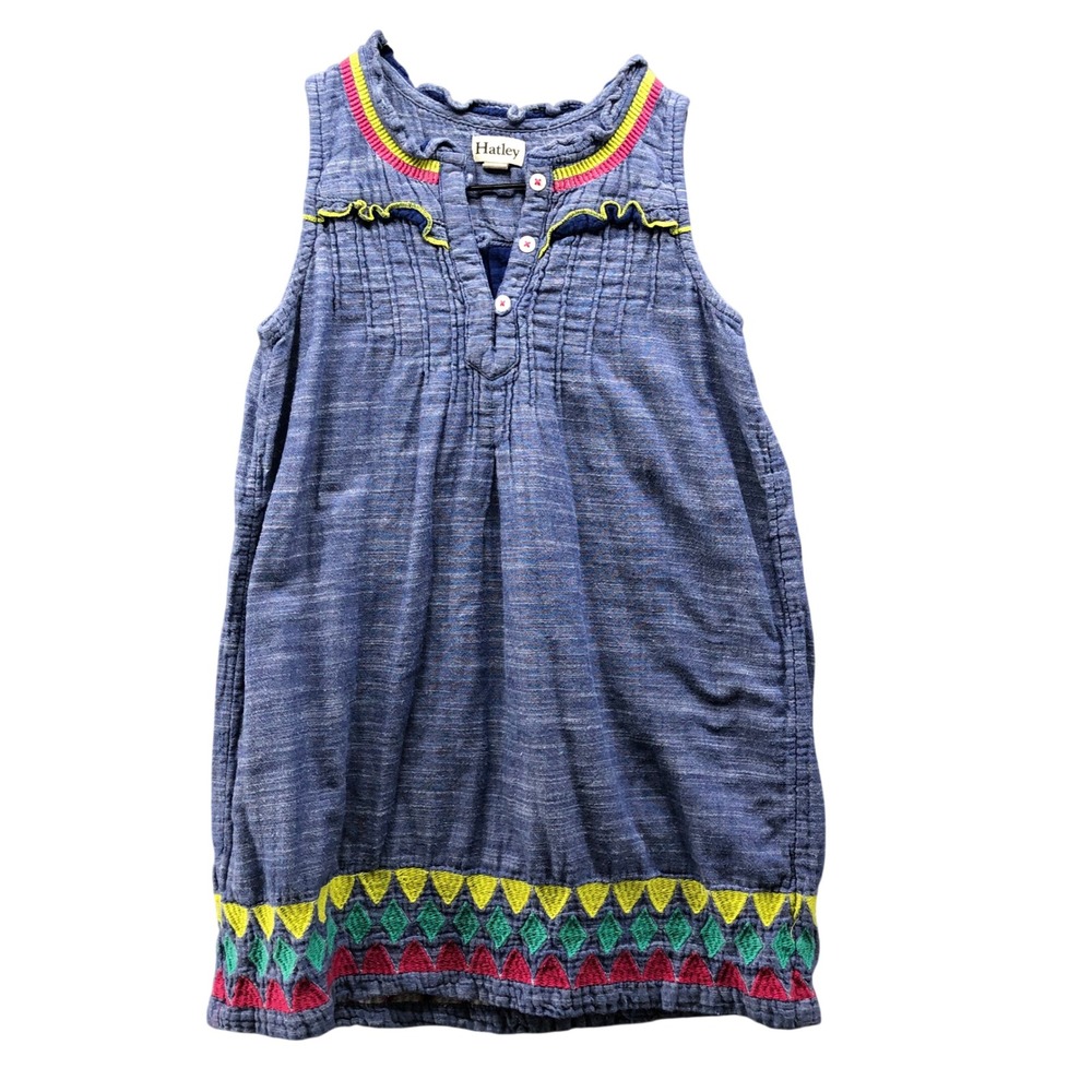 Hatley Girls Size 8 Sleeveless Dress Blue Boho Embroidered Cotton Shift
